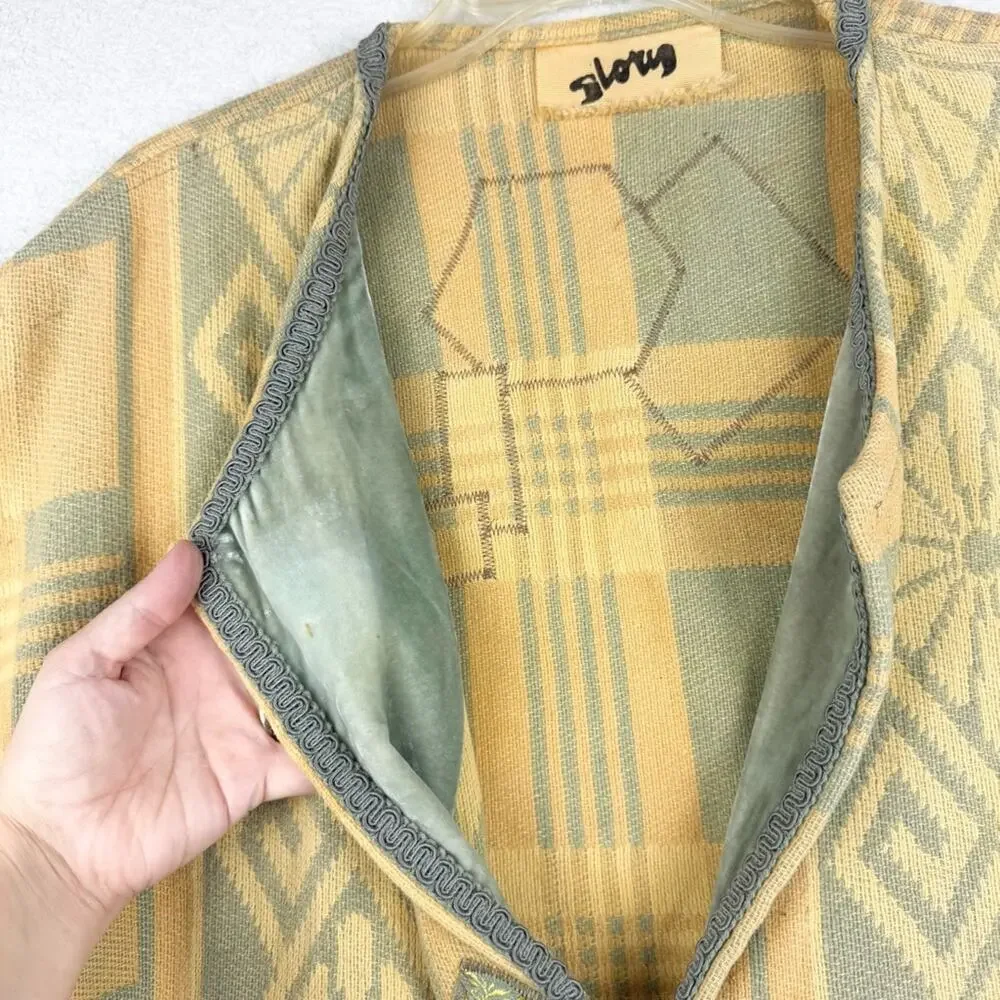 Vintage Artsy Lagenlook Patchwork Knit Single Button Poncho Wrap Shawl Yellow OS